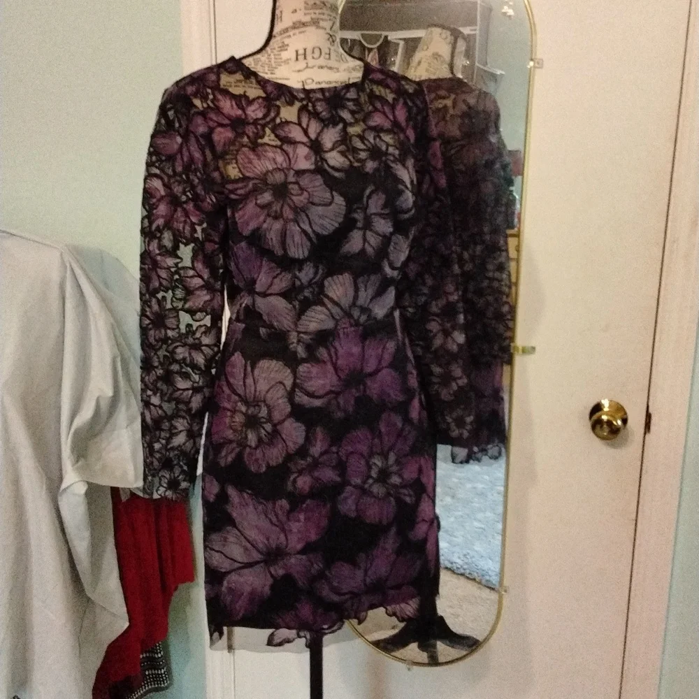 Women's EUC Sheer/lined long sleeve purple/black floral dress by Milly size 4 - Picture 1 of 6